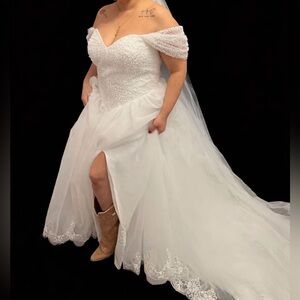 Beaded Drop Waist A-Line Wedding Dress – Off-Shoulder, Lace Hem, Ivory/White